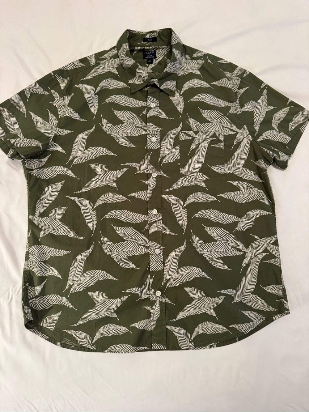 J. Crew Men’s Olive Leaf Print Short-Sleeve Shirt Size XL Slim